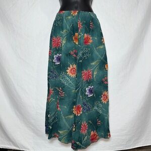 Rare Alfred Dunner Vintage Floral Maxi Skirt Green Elastic Waist Pockets Size 12
